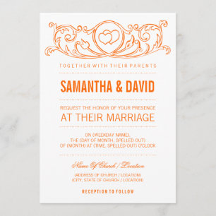 Modern Type Wedding Vintage Heart Swirls Orange Invitation