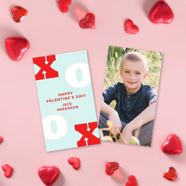 Modern Type XOXO Aqua Valentine's Classroom Photo Card (Creator Uploaded)