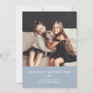 Modern Typewriter and Photo on Blue Fog Gingham Holiday Card