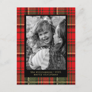 Modern Typewriter Red and Gold Plaid Photo  Holida Holiday Postcard
