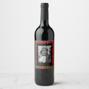 Modern Typewriter Red and Gold Plaid Photo Holiday Wine Label