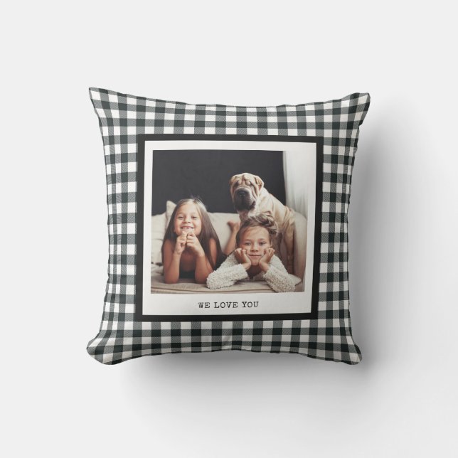 Modern Typewriter | Two Photos on Black Gingham Cushion (Front)