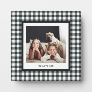 Modern Typewriter Your Photo on Black Gingham Plaque