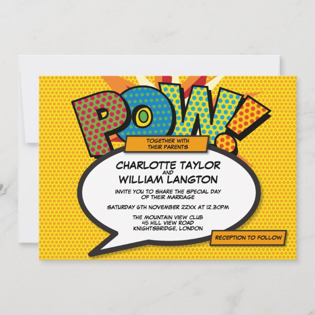 Modern Typographic Fun Comic Book Wedding Invitation (Front)