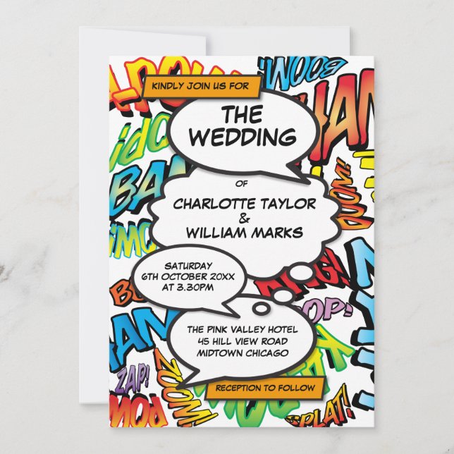 Modern Typographic Fun Comic Book Wedding Invitation (Front)