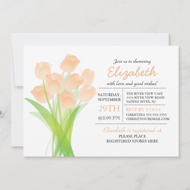 Modern Typographic Peach Tulip Bridal Shower Invitation (Front)