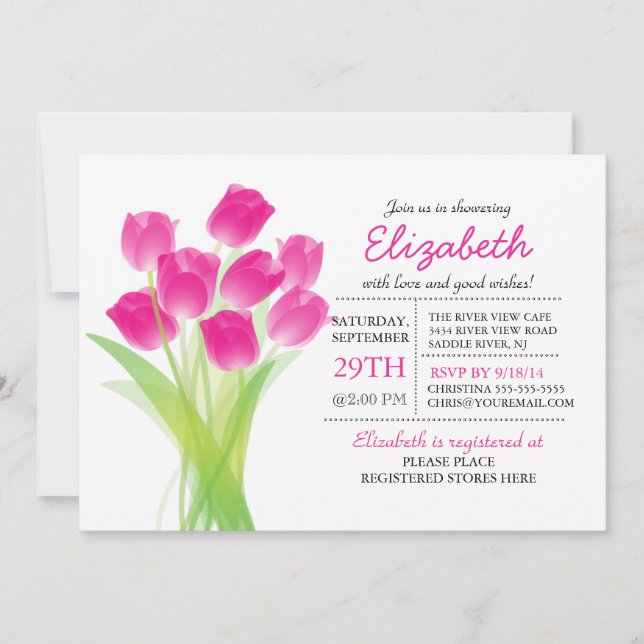 Modern typographic Pink Tulip Baby Shower Invitation (Front)