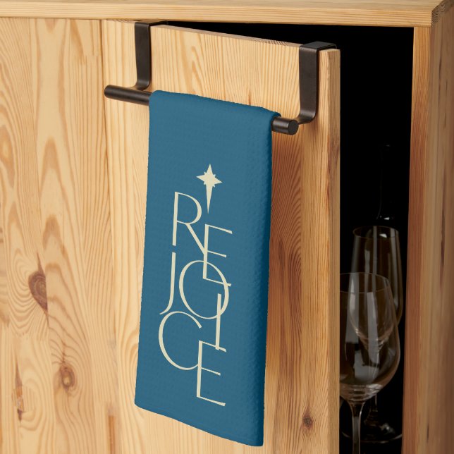 Modern, typographic REJOICE & star Christmas Tea Towel (Thirds Fold)
