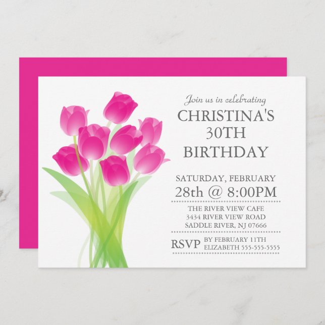 Modern Typographic Tulip Flowers Birthday Party Invitation (Front/Back)