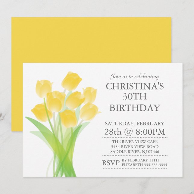 Modern Typographic Tulip Flowers Birthday Party Invitation (Front/Back)