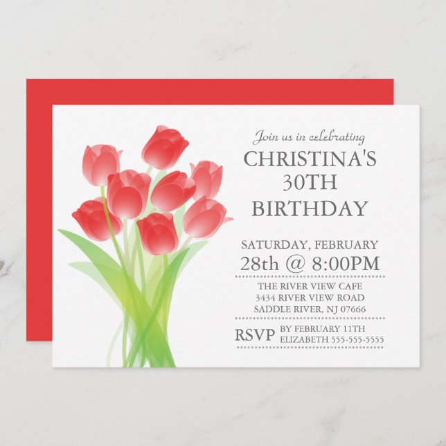Modern Typographic Tulip Flowers Birthday Party Invitation (Front/Back)