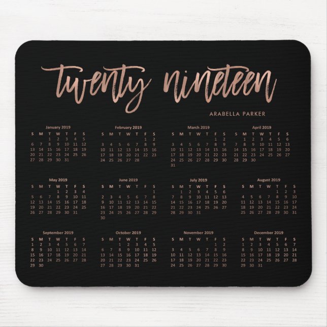 Modern Typography 2019 Calendar | Faux Rose Gold Mouse Mat (Front)