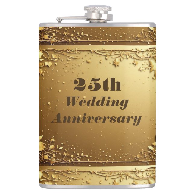 Modern Typography 25 Wedding Anniversary Faux Gold Hip Flask (Front)