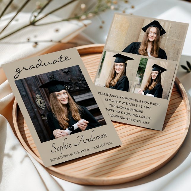 Modern Typography 3 Photo Collage Graduation Party Invitation (Creator Uploaded)