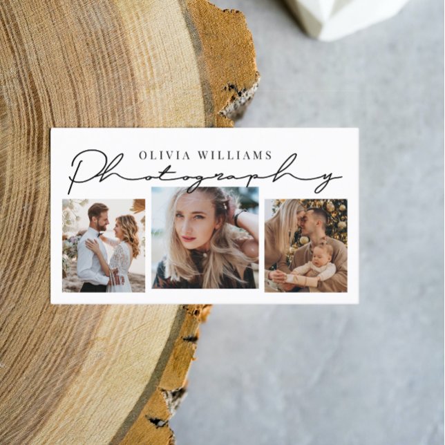 Modern Typography 3 Photo Collage Photographer Business Card (Creator Uploaded)