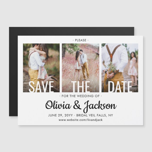 Modern Typography 3 Photo Wedding Save the Date Magnetic Invitation (Front/Back)