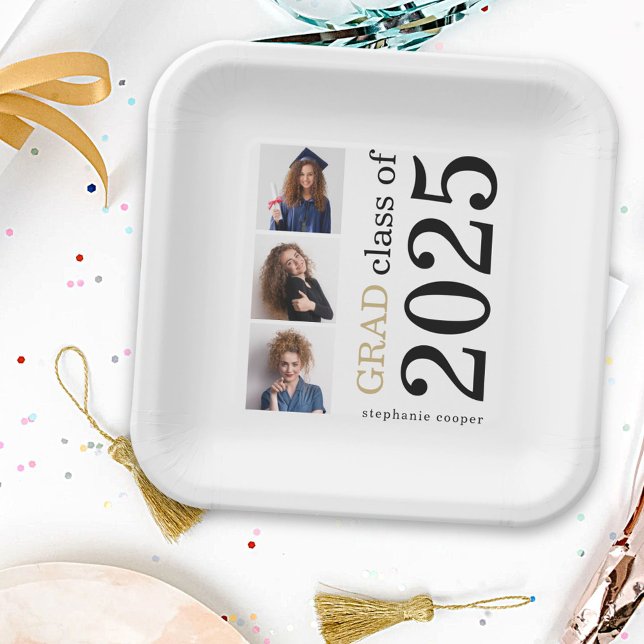 Modern Typography 3 photos White 2025 Graduation Paper Plate (front view)
