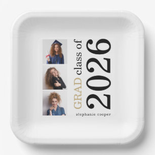 Modern Typography 3 photos White 2026 Graduation Paper Plate