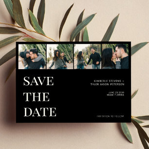 Modern typography 4 photo collage black wedding save the date