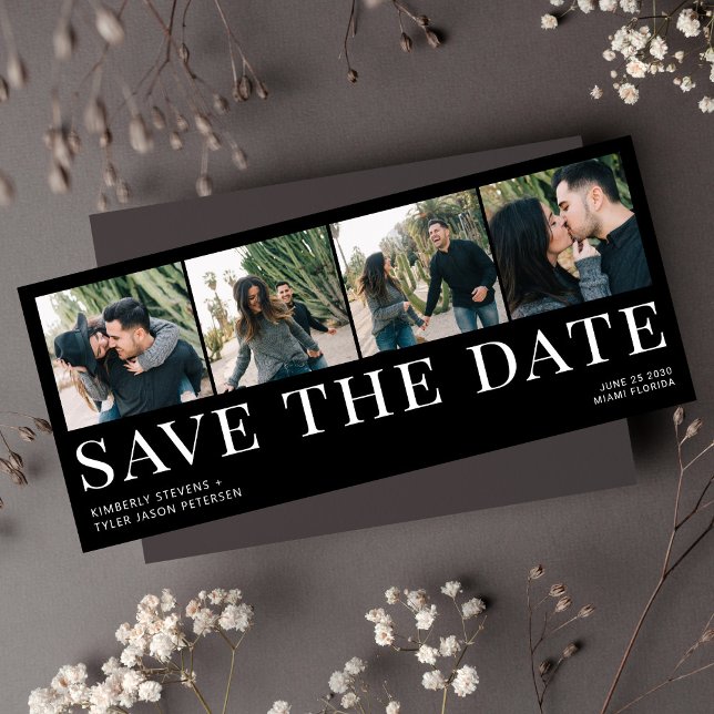 Modern typography 4 photos black wedding save the date (Creator Uploaded)