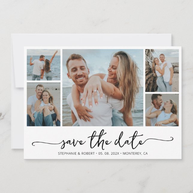 Modern Typography 5 Photo Collage Wedding Save The Date (Front)