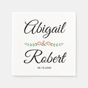 Modern typography and peach flowers wedding napkin