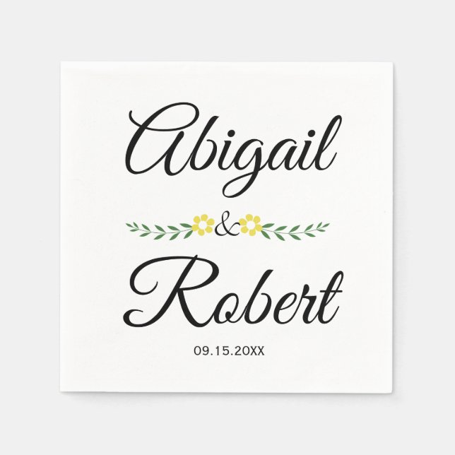 Modern typography and yellow flowers wedding napkin (Front)