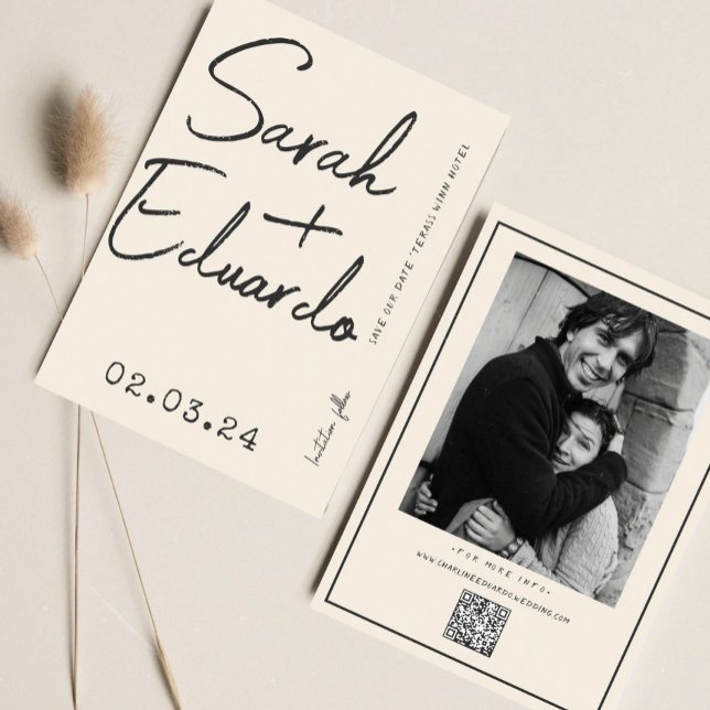 Modern Typography B&W Handwritting Photo Qr Code  Save The Date (Creator Uploaded)