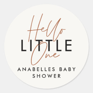 Modern typography baby shower hello little one classic round sticker