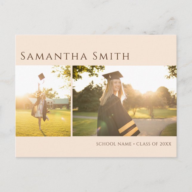 Modern Typography Beige Simple 2 Photo Graduation Invitation Postcard (Front)