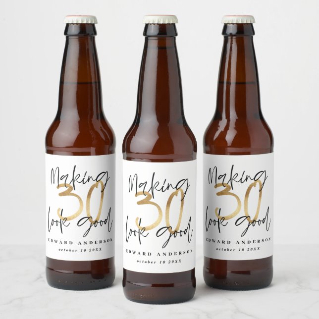 Modern typography black and gold 30th birthday beer bottle label (Bottles)