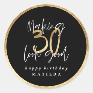 Modern typography black and gold 30th birthday classic round sticker