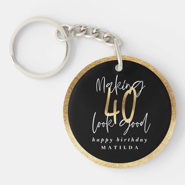 Modern typography black and gold 40th birthday key ring (Front)