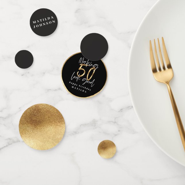 Modern typography black and gold 50th birthday confetti (Group)