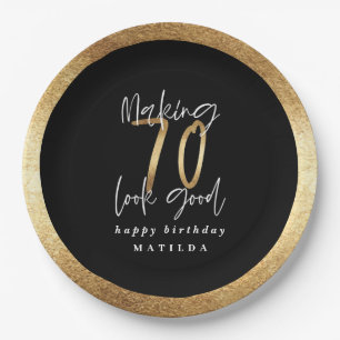 Modern typography black and gold 70th birthday paper plate