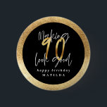 Modern typography black and gold 90th birthday 6 cm round badge<br><div class="desc">Modern typography black and gold 90th birthday party</div>