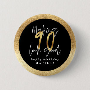 Modern typography black and gold 90th birthday 6 cm round badge