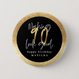 Modern typography black and gold 90th birthday 6 cm round badge