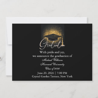 Modern Typography Black Cap Monochrome Graduation  Invitation