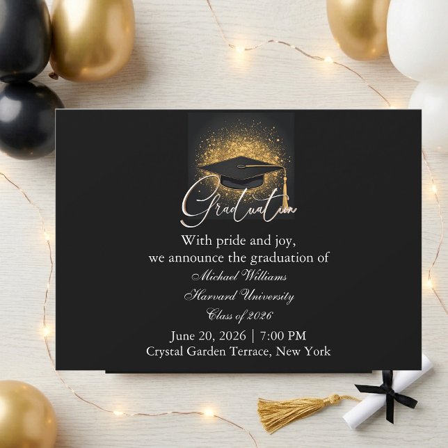 Modern Typography Black Cap Monochrome Graduation  Invitation (Modern Typography Black Cap Monochrome Graduation Invitation)