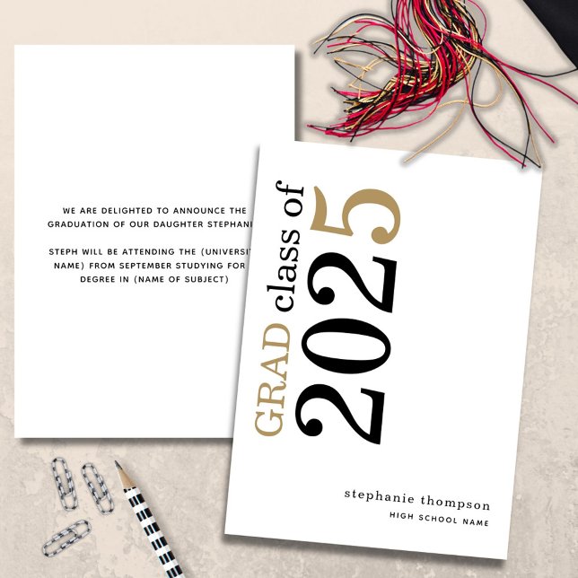 Modern Typography Black Gold 2025 Graduation Announcement (front and back view)