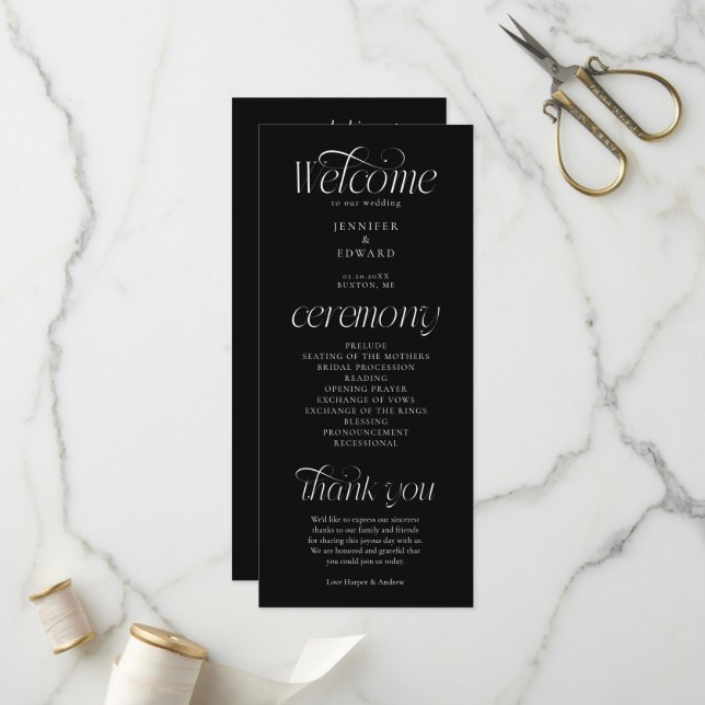 Modern Typography Black Wedding Ceremony Program Programme (Front/Back In Situ)