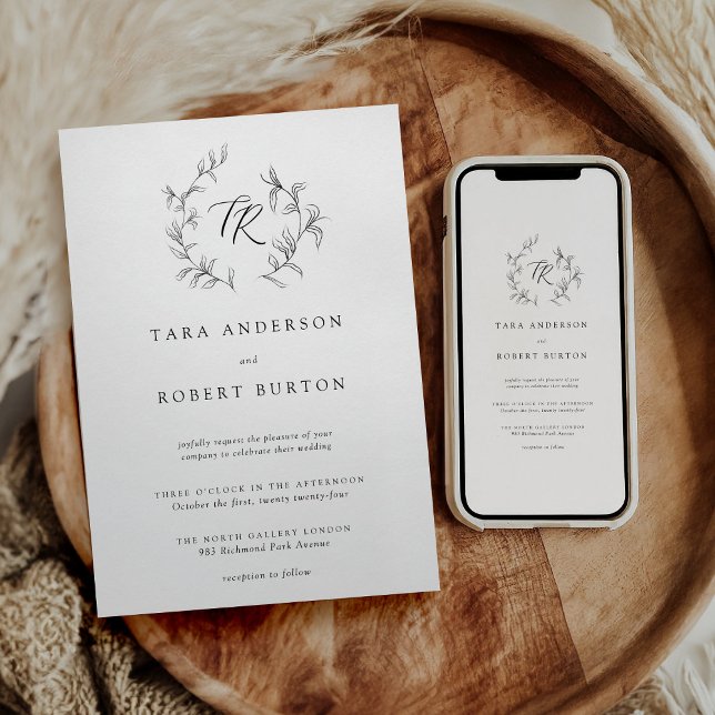 Modern Typography Black & White Botanical Wedding Invitation (Creator Uploaded)