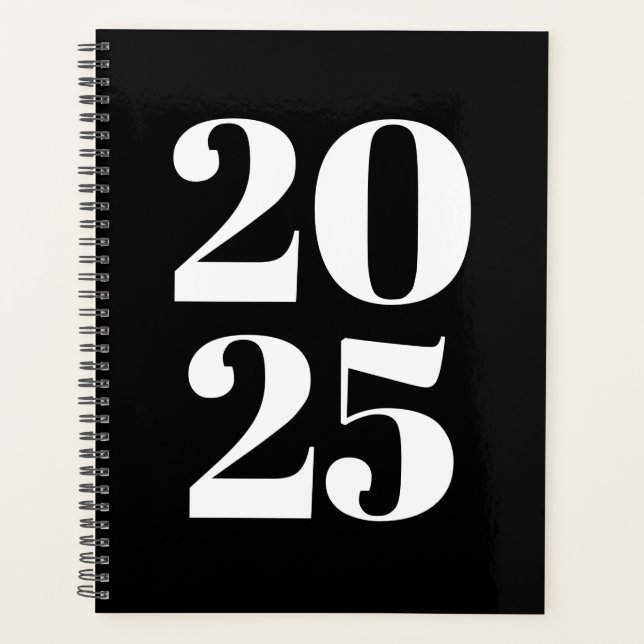 Modern typography black white custom year monogram planner (Front)