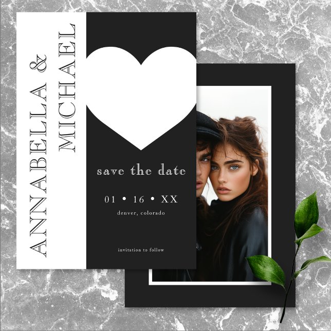 Modern Typography Black White Heart Photo Wedding Save The Date (Modern Typography Black White Heart Photo Wedding Save The Date)