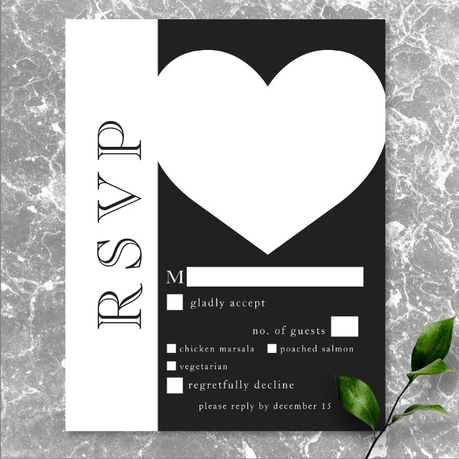 Modern Typography Black White Heart Wedding Dinner RSVP Card (Modern Typography Black White Heart Wedding Dinner RSVP Card)