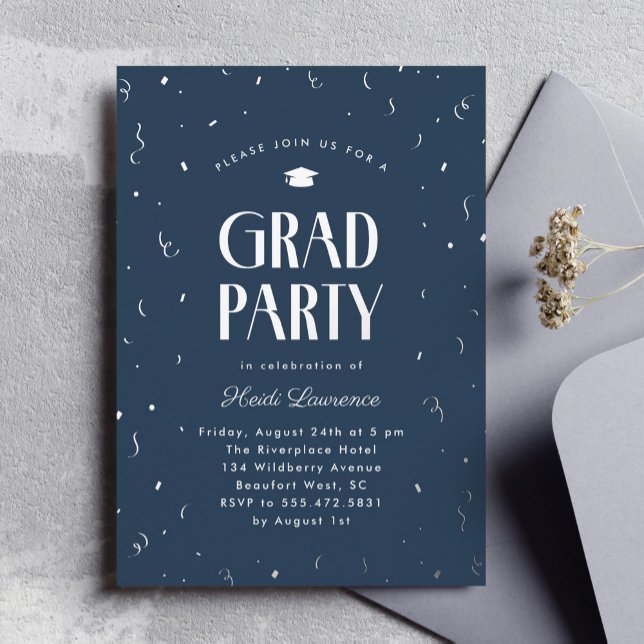 Modern Typography Blue and Silver Graduation Party (blue and silver foil graduation party invitation with modern typography)