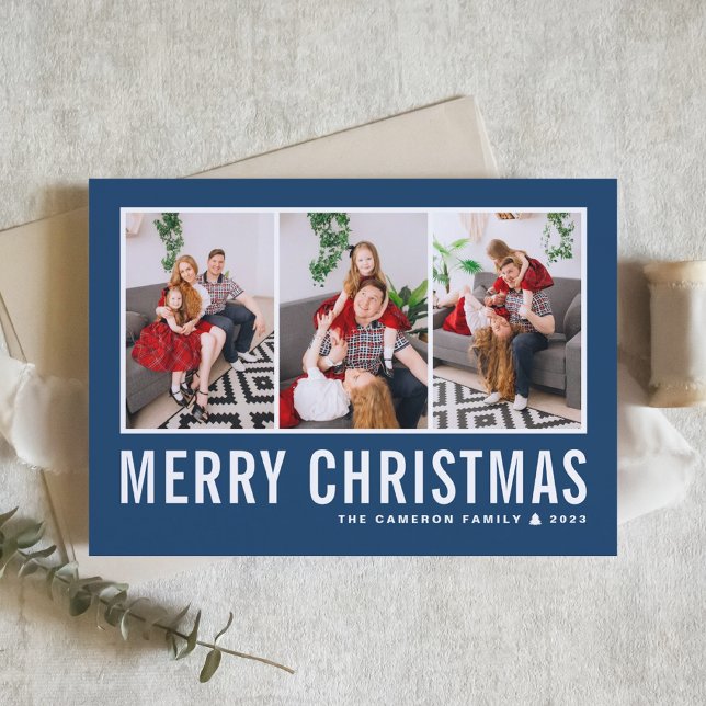 Modern Typography Blue Photo Collage Christmas Holiday Card (Creator Uploaded)