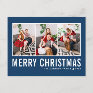 Modern Typography Blue Photo Collage Christmas Holiday Postcard