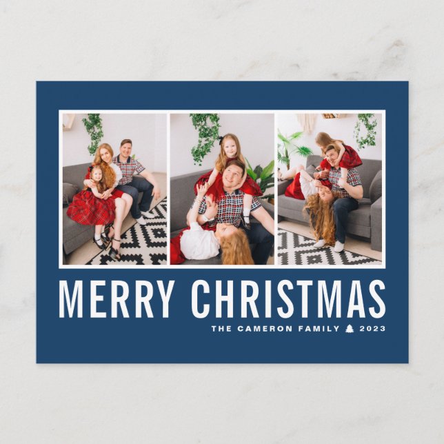 Modern Typography Blue Photo Collage Christmas Holiday Postcard (Front)